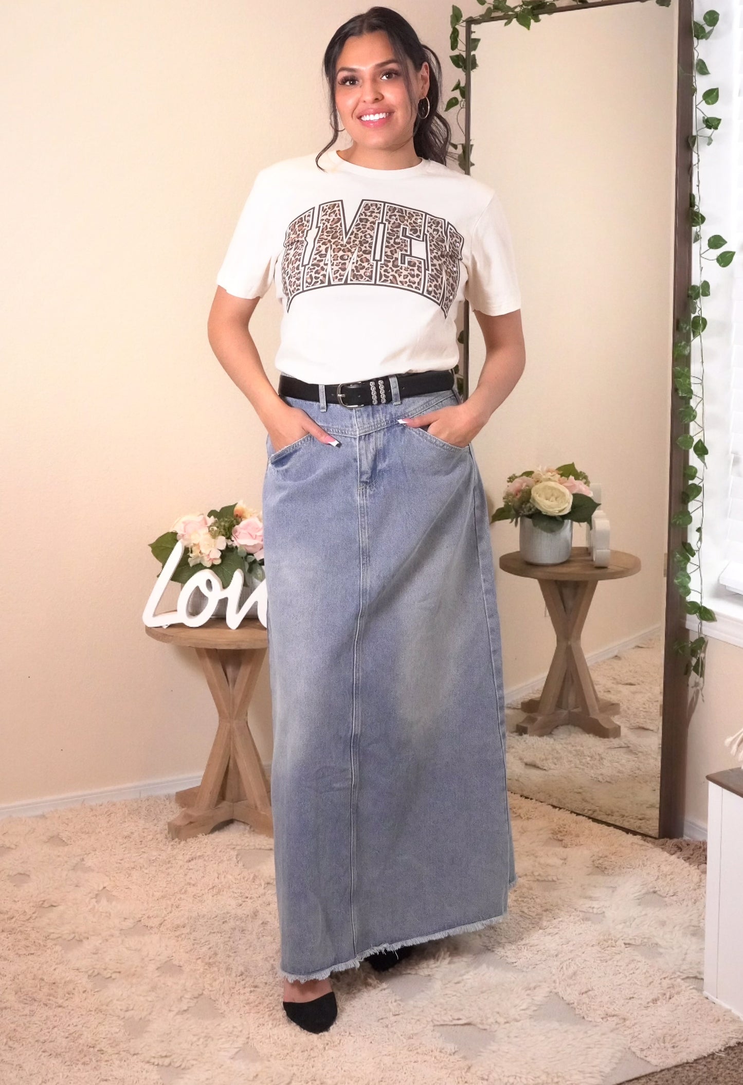 Mineral Washed Denim Frayed Maxi Skirt