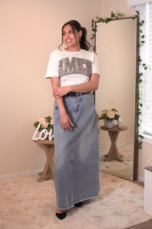 Mineral Washed Denim Frayed Maxi Skirt