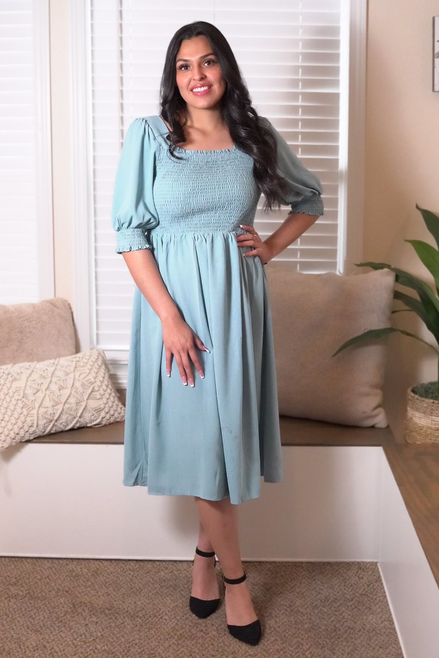 Mineral Blue Woven Midi Dress