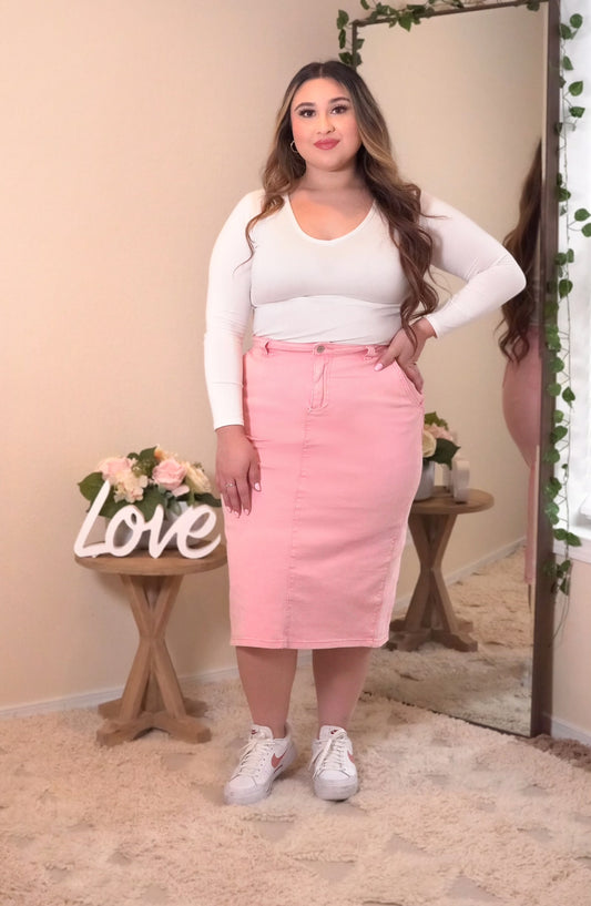 Mineral Washed Midi Skirt In Dusty Pink