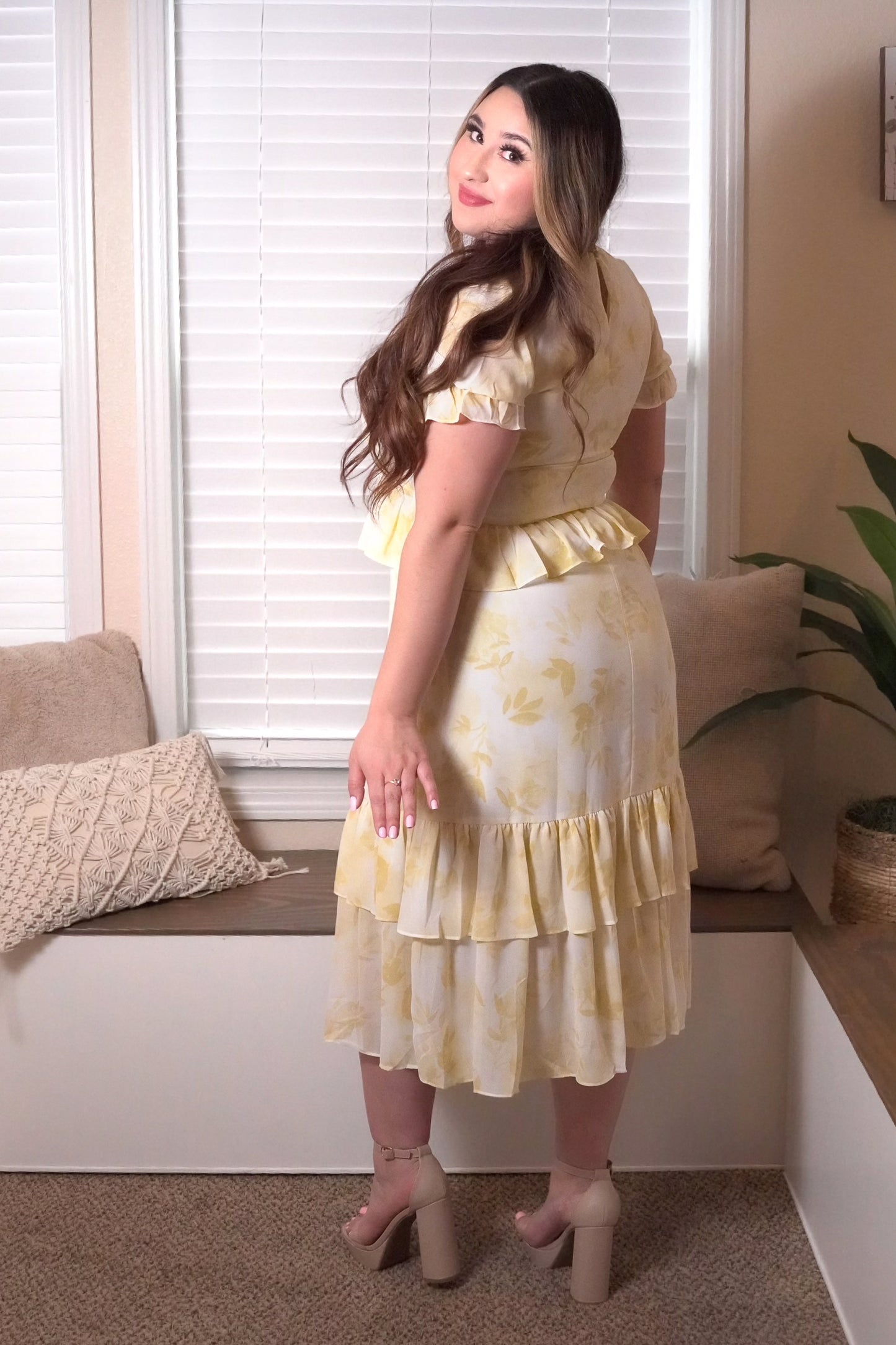 Yellow Flower Print Midi Dress